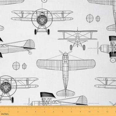 Imagem de Sketch Aircraft Fabric by The Yard Retro 70s 80s Airplanes Tecidos para amantes de costura, linhas pretas, tecido geométrico, aeronave para decoração de quarto e estofamento DIY 1 jarda, 91,4 cm C x
