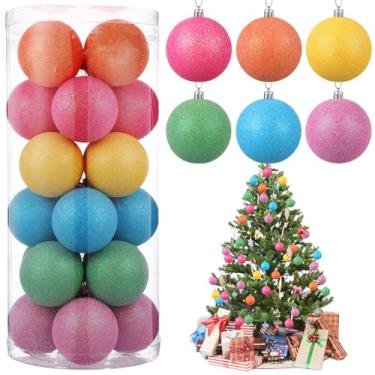 Imagem de Relaxgiant 24 peças de enfeites de bola de arco-íris com glitter de 8 cm, enfeites de árvore de Natal neon com balde transparente, conjunto de bolas decorativas coloridas de plástico inquebrável