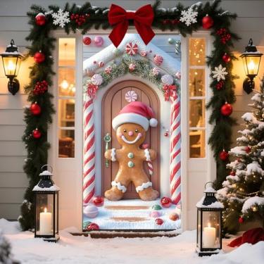 Imagem de BVBOX Capa de porta de Natal, faixa de boas-vindas para decoração de porta da frente, faixa decorativa de Natal para suprimentos de festa de inverno (botão verde homem de gengibre)