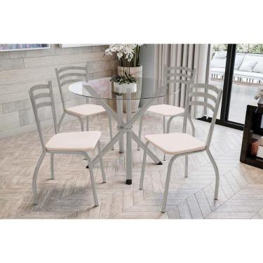 Imagem de Conjunto: Mesa Sala Jantar Volga C- Tampo De Vidro 95cm E 4 Cadeiras Portugal Niquel - Courano Bege - Kappesberg