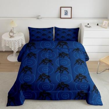 Imagem de Feelyou Conjunto de cama macio para meninos e meninas, temática esportiva de bola, conjunto de edredom Queen Size para amantes de jogos de luta livre, edredom de microfibra azul, decoração de quarto