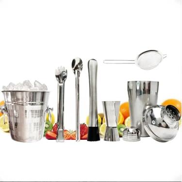 Imagem de Kit Caipirinha Profissional 7 Peças Inox Coqueteleira 500 Ml, Socador, Colher Bailarina, Dosador Duplo, Balde, Pegador, Peneira
