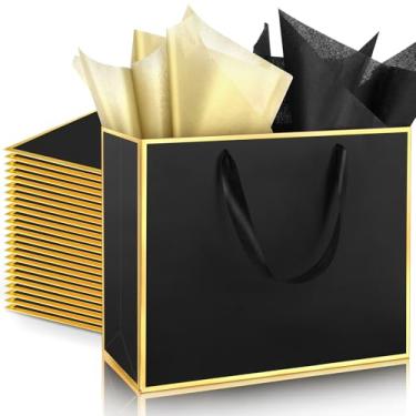 Imagem de ReliThick Pacote com 24 sacos de presente de papel metálico com alças e papel de seda, 20 x 25 x 10 cm, bolsa de agradecimento para madrinha de casamento, padrinhos, presentes de aniversário de 5