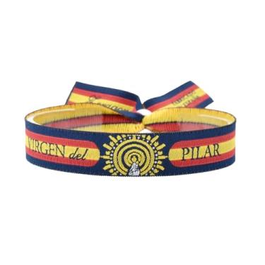 Imagem de Pulseira feminina e masculina feita de tecido azul com a Virgem de Pilar e a bandeira da Espanha., BDM