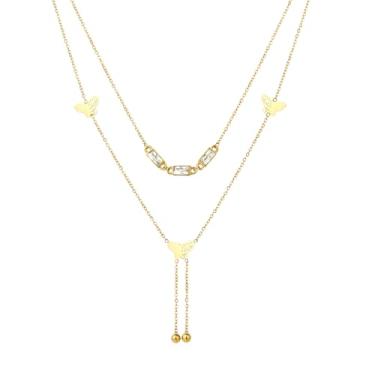 Imagem de TaYolnFaSo Colar feminino Y Lariat em ouro 18K com corte esmeralda/redondo CZ Y Lariat Butterflies Colar, joia presente de Natal para mulheres, Banhado a ouro, Zircônia cúbica
