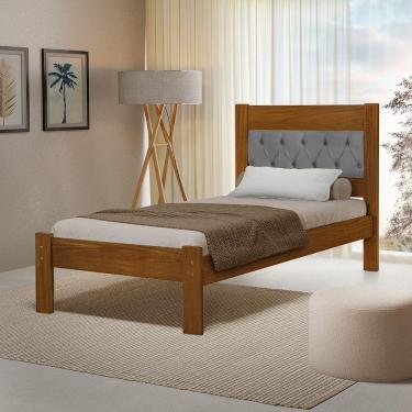 Imagem de Cama De Solteiro De Madeira Castanho Viena Com Cabeceira Estofada Veludo Cinza