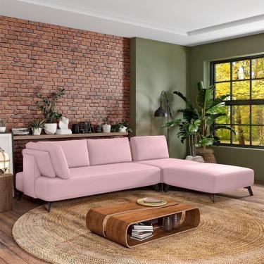 Imagem de Sofá De Canto Modulado 262cm Sabrina Pés Em Aço Com Puff Veludo Rosê G52 Gran Belo