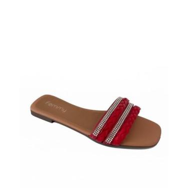 Imagem de Sandália Feminina Rasteirinha Femmy Strass Trança Color, Vermelho, 37