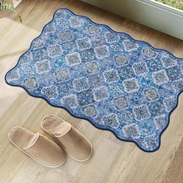 Imagem de Clemile Tapete Boho de 0,6 x 0,9 m, exclusivo recortado ultrafino, macio, lavável, antiderrapante, resistente a manchas, leve, para sala de estar, quarto, sala de jantar, escritório (azul marinho)