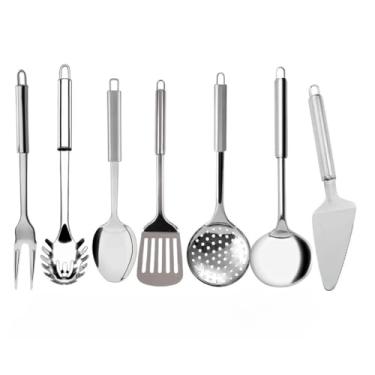 Imagem de Kit Peças Utensílios para Cozinha em Aço Inox Jogo Completo Escumadeira Concha Espátula Pegador (7)