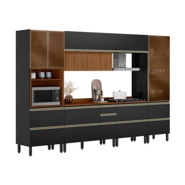 Imagem de Armário de Cozinha Compacta com Vidro Reflecta Proença Ripado 8 Portas 9 Gavetas Carbono e Nogueira