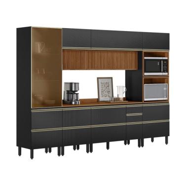 Imagem de Armário de Cozinha Completa Ripada com 1 Vidro Reflecta Proença 9 Portas 8 Gavetas Carbono e Nogueira