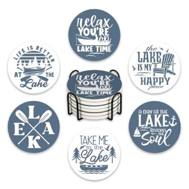 Imagem de Paayna Conjunto de 6 porta-copos de cerâmica Blue Lake Life com suporte, remo de barco para casa do lago para proteção de mesa de café, 10 cm, rústico náutico, decoração de cozinha, presentes de