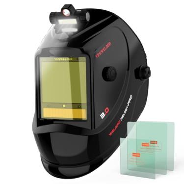 Imagem de YESWELDER Capacete de soldagem com escurecimento automático Large View com LED, filtro digital, bloqueio de luz azul, 1/1/1/1 capa de soldador movido a energia solar de cor verdadeira com 4 sensores