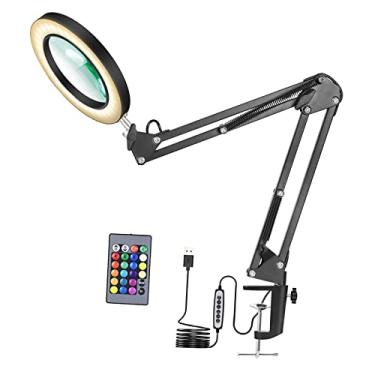 Imagem de barenx Lâmpada de mesa com lupa, 5 x luzes LED de vidro com grampo, configuração de 3 modos de cores, alimentada por USB com estação de lupa manual para reparo, hobby