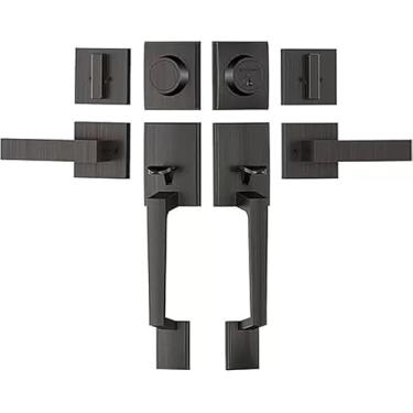 Imagem de SUYA Conjunto de fechadura de porta frontal dupla resistente com fechadura de cilindro único e alavanca quadrada (combinação com chave e falso) - reversível para portas de entrada externas esquerda