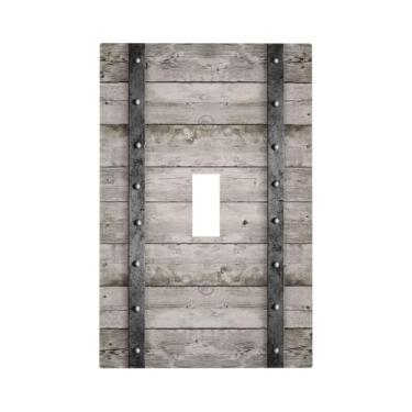Imagem de DWBGUO Capa decorativa de placa de interruptor com barril de madeira de carvalho cinza vintage com design de faixas de ferro, placa de parede de 1 gangue, capa de interruptor de luz única exclusiva