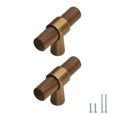 Imagem de Evionlin 2 puxadores de armário de bronze escovado, puxadores de gaveta de liga de zinco de madeira de nogueira para puxador de armário de cômoda