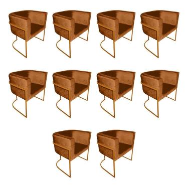 Imagem de Kit 10 Cadeiras De Jantar Premium Base De Ferro Cobre Veludo Terracota Laranja
