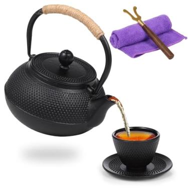 Imagem de Conjunto de chá de ferro fundido japonês seguro para fogão, chaleira de 590 ml com infusor, xícara, pires, levantador e pano, excelente para preparar chá de folhas soltas