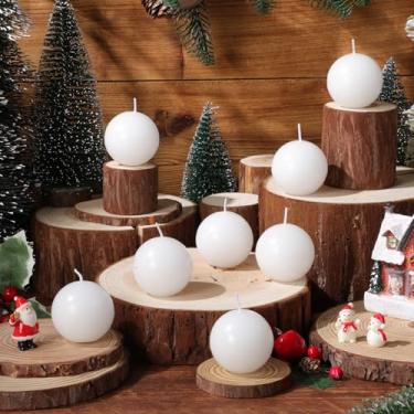 Imagem de Zhengmy Conjunto de 8 velas redondas de bola de Natal, mini vela de coluna de 5 cm de cera redonda para decoração de mesa de jantar de Natal (branca)