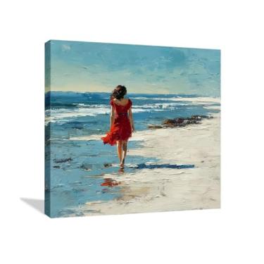 Imagem de CANLUNTE Arte impressionista em tela de paisagem marítima | Pintura de senhora de vermelho na praia | Decoração de parede costeira moderna para escritório em casa | Impressão giclée de cena do oceano
