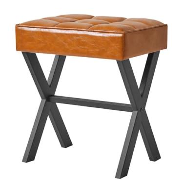 Imagem de IBUYKE Banco quadrado de maquiagem com apoio para os pés em X, apoio para os pés de poliuretano, assento otomano, multiuso como mesa lateral pequena, para quarto, sala de estar, marrom claro LG-71J