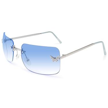 Imagem de Dollger Óculos de sol retangulares Y2k para mulheres, modernos, sem aro, óculos de sol quadrados, borboleta, anos 90, óculos escuros legais, Armação prateada com lentes azuis, G