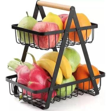 Imagem de Fruteira de Mesa 2 Andares Metal Aramado Preto com Alça Madeira Cesto Organizador de Frutas Legumes Duplo para Cozinha e Bancada Design Moderno Desmontável