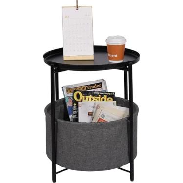 Imagem de Mesa Redonda de Café Cabeceira Metal Lateral Sofá com Tampo Bandeja Removível e Cesto Armazenamento Tecido para Quarto Sala Estar Escritório Design 2 Andares Tapete Borracha Proteção Borda Fácil Limpa