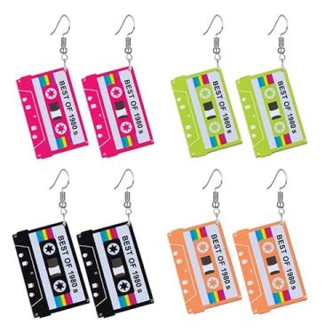 Imagem de coadipress Conjunto de 4 pares de brincos dos anos 70, 80, 90, fita cassete retrô para mulheres, brincos de rádio neon geométricos coloridos de acrílico geométrico, brincos de música engraçada para