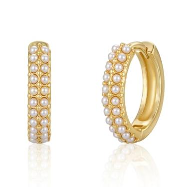 Imagem de Hergory Brincos de pérola para mulheres, brincos de argola delicados banhados a ouro 14 k para mulheres, zircônia cúbica pequena, não mancha, joias de pérolas modernas, presentes, Adult, Latão, Sem