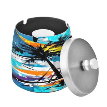 Imagem de Blueangle Cinzeiro de palmeiras tropicais com tampa para cigarros, à prova de vento/chuva, aço inoxidável, sem fumaça, inodoro, cinzeiro para uso interno ou externo (245)