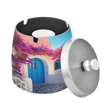 Imagem de Blueangle Cinzeiro romântico Villagecore com tampa para cigarros, à prova de vento/chuva, aço inoxidável, sem fumaça, inodoro, cinzeiro para uso interno ou externo (204)