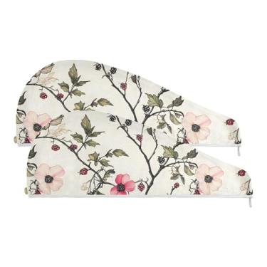 Imagem de SEHANY Toalha de cabelo de microfibra de flores coloridas elegantes para mulheres, 2 peças, turbantes de cabelo de secagem rápida com botão, touca de cabelo seco absorvente toalha de secagem de cabelo