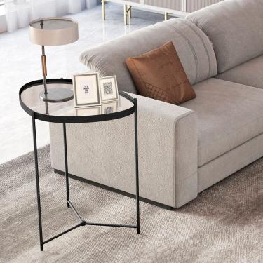 Imagem de Mesa Lateral com Borda em Couro Sintético com Espelho e Pés em Ferro Preto