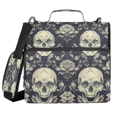 Imagem de SEHANY Fichário com zíper de caveira e flor com alça de ombro, capacidade para 500 folhas, vários bolsos, 3,8 cm, fichário com zíper com 3 anéis
