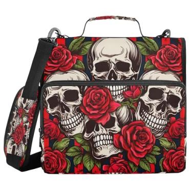 Imagem de SEHANY Fichário com zíper de caveira e flor com alça de ombro, capacidade para 500 folhas, vários bolsos, 3,8 cm, fichário com zíper com 3 anéis