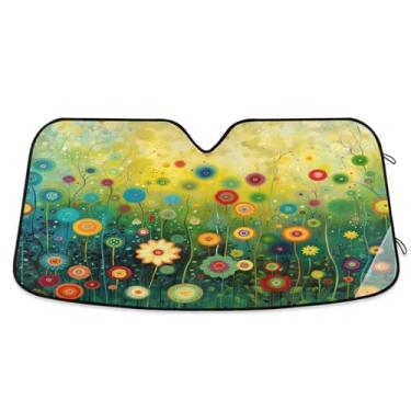 Imagem de ATTX Pintura de flores coloridas pára-brisas de carro 144.8 cm x 80.0 cm escudo solar universal com proteção UV, persiana de janela frontal automática dobrável para sedãs SUVs caminhões #77