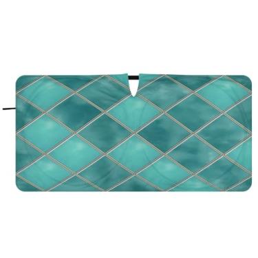 Imagem de Blueangle Para-brisa xadrez geométrico azul-petróleo aquarela - 149.9 cm x 76.2 cm dobrável carro janela frontal blocos guarda-sol raios UV viseira de sol (956)