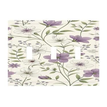 Imagem de Nadoabtm Placa decorativa para interruptor de luz, vintage, floral, roxo, branco, botânico, placa de parede de 3 grupos, tampa de tomada elétrica tripla para decoração de cabine de casa