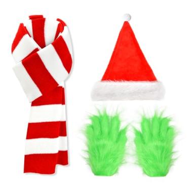 Imagem de Abitoncc Red Christmas Costume Set with Red Striped Scarf Hat Green Furry Adult Gloves for Winter
