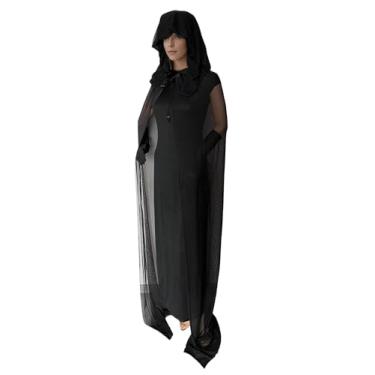 Imagem de Kasjuante Vestido feminino preto gótico bruxa vampiro fantasma noiva vestido com luva, capa com capuz para adultos, Preto, G