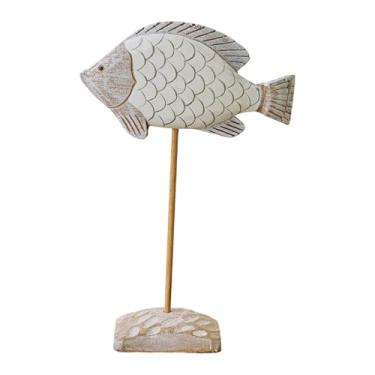 Imagem de Baoblaze Escultura de peixe de madeira sobre suporte, decoração náutica, estante, mesa, animal marinho, estátua, figura para entrada, casa de campo, Branco
