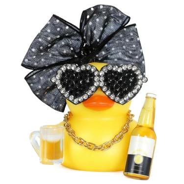Imagem de Decoração de carro de pato de borracha, patos de jipe amarelo para pato com óculos de sol de coração, colar de ouro, garrafa de vinho e adesivos adesivos, acessório de painel divertido para carro