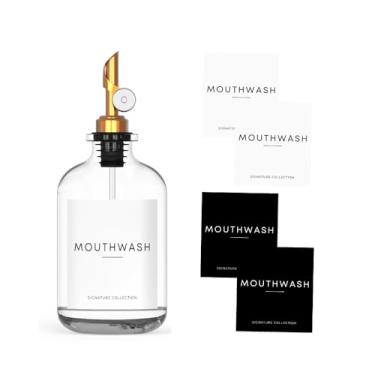 Imagem de WASHEE Dispensador de enxaguante bucal para banheiro - Recipiente de vidro para enxaguante bucal (360 g) com bico ponderado e 4 etiquetas de garrafa de enxaguante bucal, perfeito para organização de