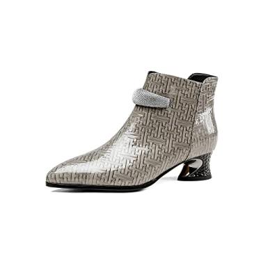 Imagem de TinaCus Bota feminina de couro envernizado brilhante, feita à mão, com zíper, salto baixo grosso, casual, cano curto, Cinza, 34