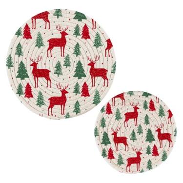 Imagem de Wassud Conjunto de trivet de Natal com veados para pratos quentes, suportes de panela redondos de algodão, almofadas quentes, porta-copos resistentes ao calor para decoração de cozinha, bancada, 2