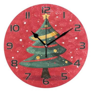 Imagem de YETTASBIN Relógio de parede de árvore de Natal, silencioso, sem tique-taque, operado por bateria, relógio redondo decorativo criativo para cozinha, sala de estar, banheiro, decoração de escritório em