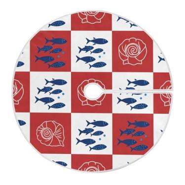 Imagem de Wassud Saia para árvore de Natal, peixes e conchas, xadrez, enfeites de Natal, tapete de árvore grande para decoração de festa de ano novo, 121 cm